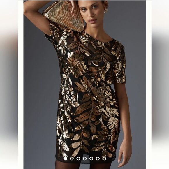 Maeve Dresses & Skirts - Maeve Anthropologie Short Sleeve Sheer Embellished Mini Dress Black Gold Size SP